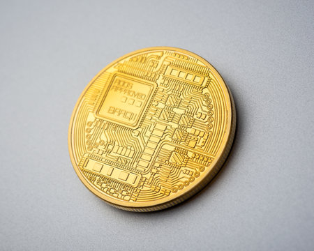 Back side of physical golden cryptocurrency Bitcoin coin on brushed aluminium background.の写真素材