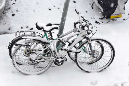 Two locked bicycles covered in snow, winter seasonの写真素材