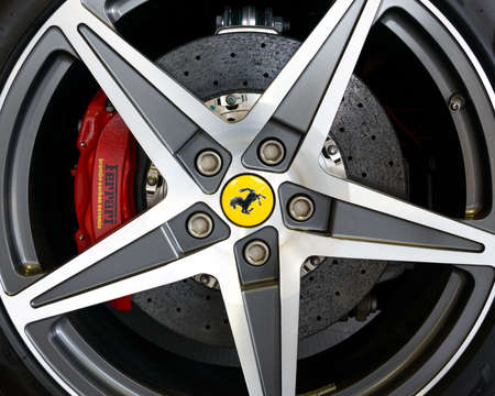 LONDON, UK - CIRCA JULY 2013: Ferrari California wheel detail, Brembo carbon ceramic disk brake.のeditorial素材