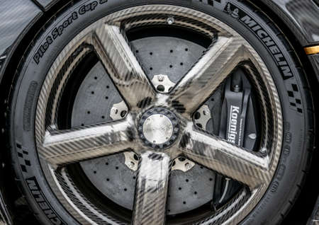 LONDON, UK - CIRCA JUNE 2014: Koenigsegg One:1 carbon fibre wheel, disk brake and Michelin tyre.のeditorial素材