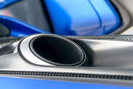 LONDON, UK - CIRCA JUNE 2014: Porsche 918 Spyder top mounted exhaust system detail shot.のeditorial素材
