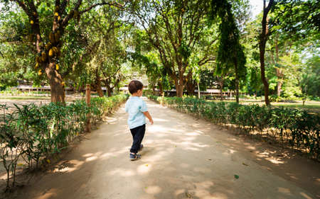 Little boy in beautiful subtropical park, toddler wearing light blue shirtの写真素材
