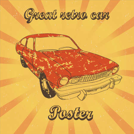 Poster with hand-drawn retro car on sun rays backdropのイラスト素材
