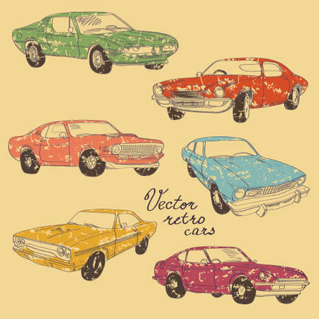 Set of retro colorful hand-drawn cars of fortiesのイラスト素材