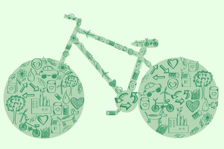 Concept of eco green way of life/ bicycle of hand drawn eco iconsのイラスト素材