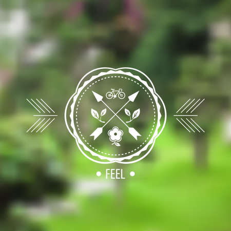 Blurred trees and hipster badge, label on the background of nature view. Web,mobile interface template, website template. Blur backdrop and badge with cycle,leaves. Ecological and green. Vectorのイラスト素材