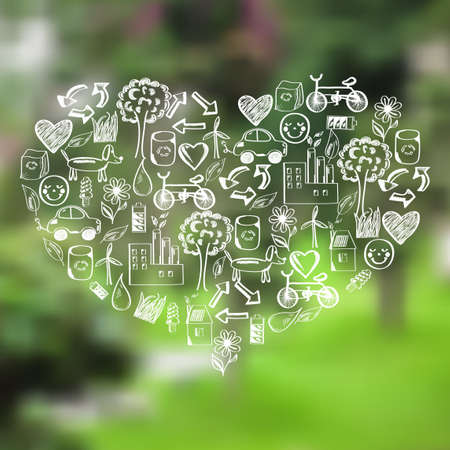 Vector blurred forest and heart from hand drawn ecological icons, label on the background of nature view. Web,mobile interface template, website template.Blur backdrop.Ecological and green environmentのイラスト素材