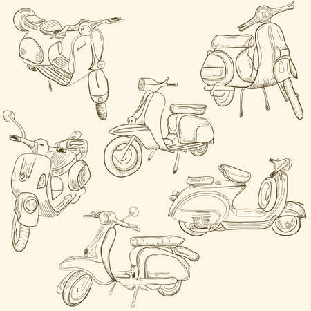 Hand-drawn sketch of retro scootersのイラスト素材