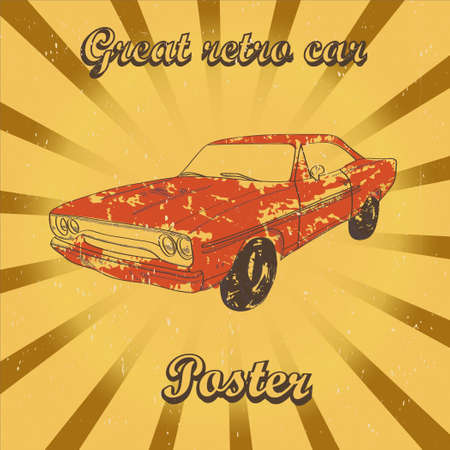 Poster with red retro car on sunrays backgroundのイラスト素材