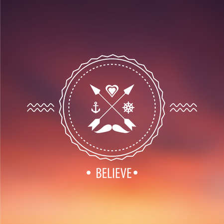 Vector blurred sunset and hipster badge, label on the background of sky view. Web,mobile interface template, website template. Blur backdrop and badge withのイラスト素材