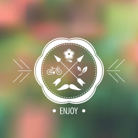 Blurred flowers and grass and hipster badge, label on the background of nature view.  Web,mobile interface template, website template. Blur backdrop and mustache badge. Vectorのイラスト素材