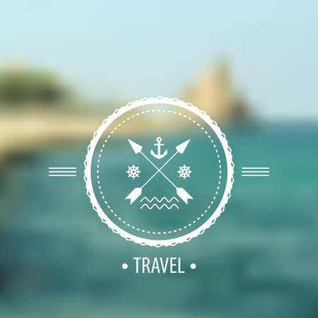 Blurred sea and hipster badge, label on the background of nature sea view. Web,mobile interface template, website template. Blur backdrop and badge with anchor and arrows. Ecological and green.Vectorのイラスト素材