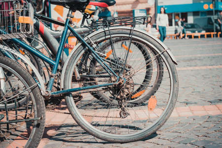 Old bicycles parked in the city