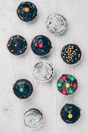 Tasty homemade muffins with black and white chocolateの写真素材