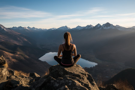 Young woman sitting on the top of a mountain and looking at the sunsetの素材