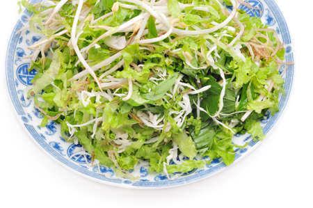 Dish of Vietnamese herbs on a white backgroundの写真素材