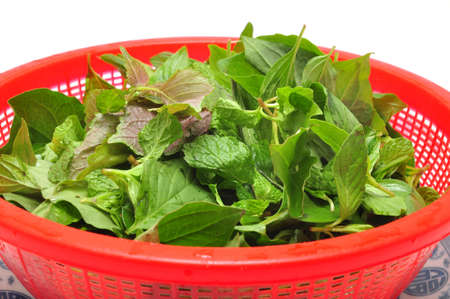 Dish of Vietnamese herbs on a white backgroundの写真素材