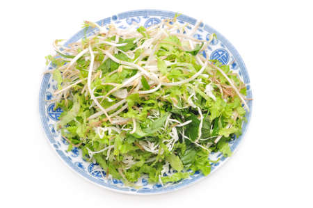 Dish of Vietnamese herbs on a white backgroundの写真素材