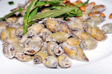 Vietnamese salted fried shells on the white dish with laksa leavesの写真素材