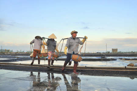 NINH HOA, VIETNAM - MARCH 2, 2012: Vietnamese women are burdening hard to collect salt from the extract fields to the storage fieldsのeditorial素材
