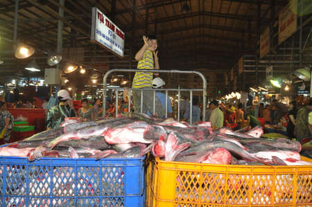 HO CHI MINH CITY, VIETNAM - NOVEMBER 28, 2013: Plenty of fisheries in baskets are waiting for purchasing at the Binh Dien wholesale night seafood market, the biggest one in Ho Chi Minh city, Vietnamのeditorial素材