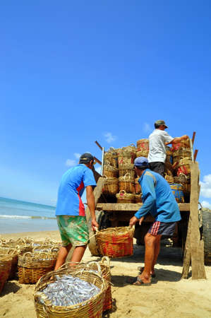 LAGI, VIETNAM - FEBRUARY 26, 2012: Local fishermen are uploading fisheries onto the truck to the processing plant in Lagi beachのeditorial素材