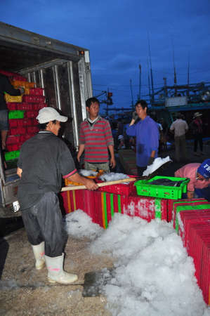 NHA TRANG, VIETNAM - FEBRUARY 21, 2013: Porters at the Hon Ro seaport are loading baskets of fishes onto the truck to a local processing plant in Nha Trang cityのeditorial素材