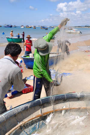 LAGI, VIETNAM - FEBRUARY 26, 2012: Local fishermen are removing fishes from their fishing nets in the Lagi beachのeditorial素材