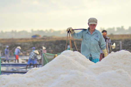 NINH HOA, VIETNAM - MARCH 2, 2012: Vietnamese women are burdening hard to collect salt from the extract fields to the storage fieldsのeditorial素材