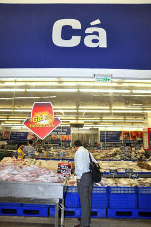 HO CHI MINH CITY, VIETNAM - OCTOBER 8, 2013: Many kinds of fish are for sale in a modern supermarket in Vietnamのeditorial素材