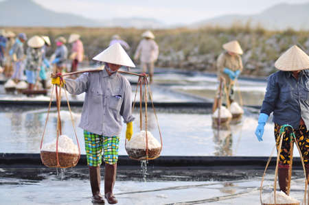 NINH HOA, VIETNAM - MARCH 2, 2012: Vietnamese women are burdening hard to collect salt from the extract fields to the storage fieldsのeditorial素材