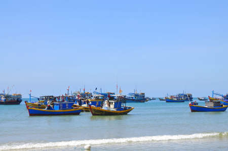 LAGI, VIETNAM - FEBRUARY 26, 2012: Local fishing boats are mooring in the Lagi beachのeditorial素材