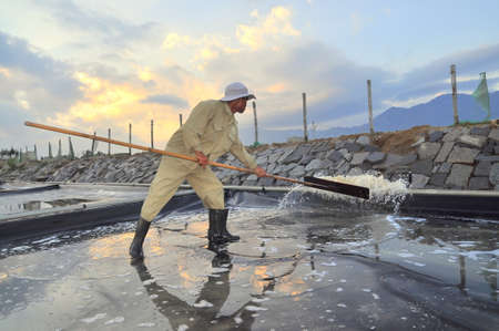 NINH HOA, VIETNAM - MARCH 2, 2012: A worker is slapping water out of the salt extracting field in the early morningのeditorial素材