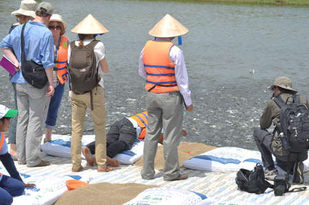DONG THAP, VIETNAM - MARCH 1, 2013: International reporters and journalists are visiting a pangasius catfish farm in the mekong delta of Vietnamのeditorial素材
