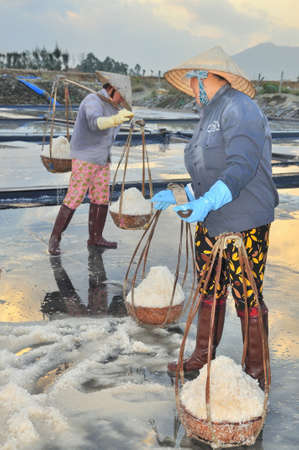 NINH HOA, VIETNAM - MARCH 2, 2012: Vietnamese women are burdening hard to collect salt from the extract fields to the storage fieldsのeditorial素材