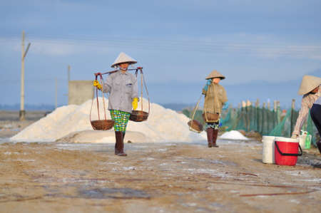 NINH HOA, VIETNAM - MARCH 2, 2012: Vietnamese women are burdening hard to collect salt from the extract fields to the storage fieldsのeditorial素材