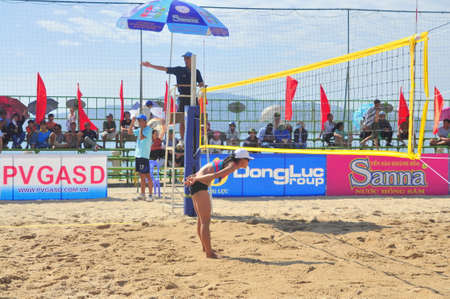 Nha Trang, Vietnam - July 12, 2015: Players are playing in a match in the Women beach volleyball tournament in Nha Trang cityのeditorial素材
