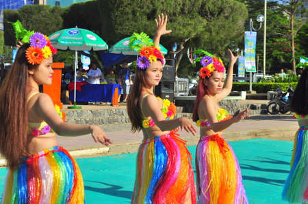 Nha Trang, Vietnam - July 14, 2015: Young girl dancers are performing a sport dance on the beach of Nha Trang cityのeditorial素材