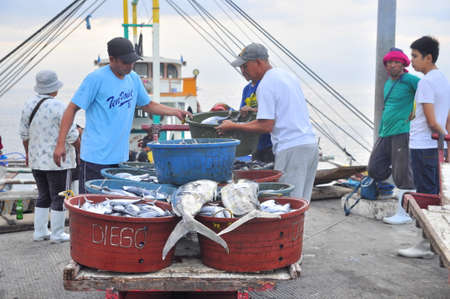 General Santos, Philippines - September 5, 2015: Fisherman are landing tuna from fishing boat at the seaportのeditorial素材