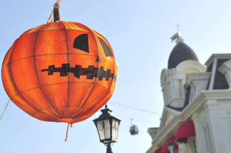 Nha Trang, Vietnam - October 30, 2015: Red Halloween lantern is hanging beside a castle in the Vinpearlandのeditorial素材