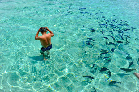 Nha Trang, Vietnam - March 22, 2016: A man is about to swim to watch plenty of beatiful fish in a resort in Vietnamのeditorial素材