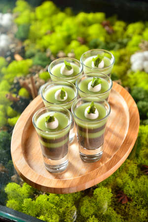 Glasses of pudding on wooden tray on green backgroundの写真素材
