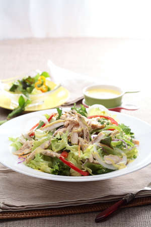 Chicken Salad with Honey-breasted tree on white plateの写真素材
