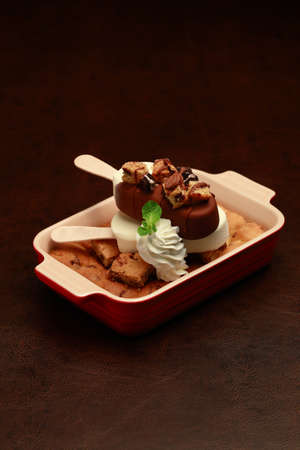 Kaya waffle toast triple Chocolate cookie skillet on black background
