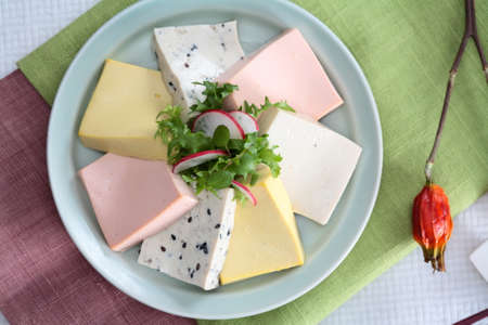 Fried tofu color on white plate with lettuce and radish
