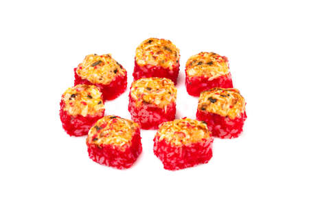 Sushi or kimbap with seafood, rice and vegetables seaweed rolls on white backgroundの写真素材