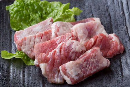 Japanese Black Wagyu Kappa red meat with lettuce on black dishの写真素材