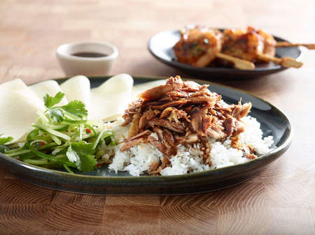 Lifestyle Yakitori Duck with rice, cumin, and sauce on black platter