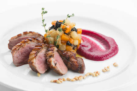 Breast of duck magret with fruit gratin and apple sauce on white plateの写真素材