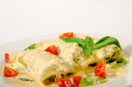 Kaneloni with bacon, chicken, cream cheese and bechamel sauce under shpiantomの写真素材